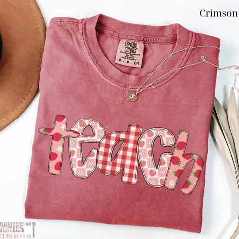 Strawberry Teacher Shirt, Comfort Colors Teach Tee, Summer Teacher Shirt, Back To School Shirt, Cute Teacher Gift, Red Gingham Teacher Tee