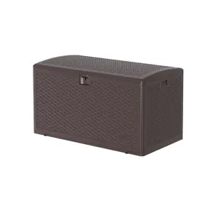 Garvee 99 Gallon Outdoor Storage Box - Large Weatherproof Resin Deck Box with Lockable Hydraulic Lid - UV Resistant Patio Storage Bench for Garden Tools, Pool Toys, Furniture Cushions - Black Wicker Style