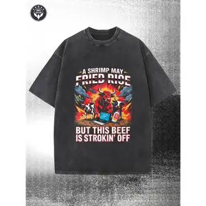 Mens Dark Grey Washed T-Shirt Heavyweight 230g Pure  Vintage Style Funny Bull Graphic Printed Short Sleeve Casual Tee for Streetwear Daily Commuting