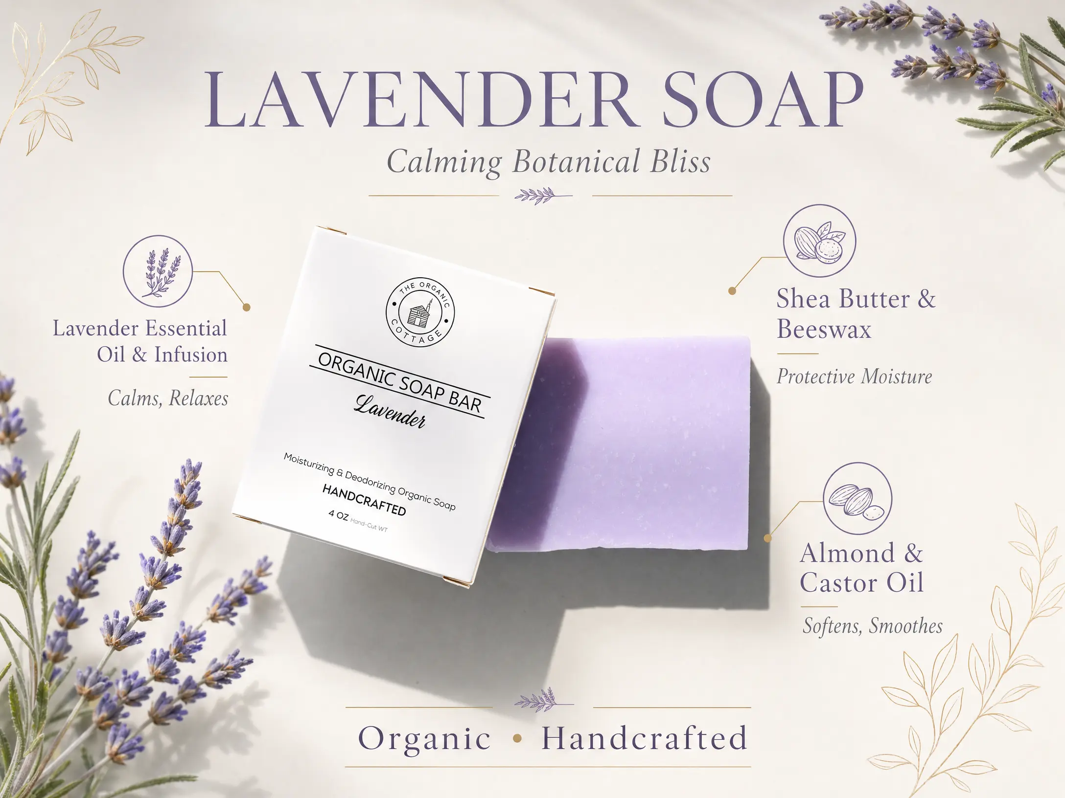 The Organic Cottage Lavender Soap Bar - Handcrafted Moisturizing & Deodorizing Soap - 4 oz Bar