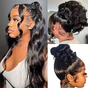 360 Lace Front Wigs Human Hair Hidden Strap Body Wave Lace Frontal Wig Pre Plucked Drawstring Wig Human Hair 180 Density HD Full Lace Front 360 Glueless Wigs for Women