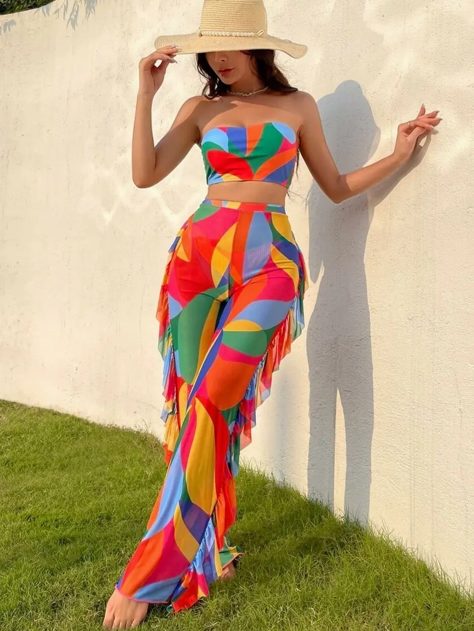 Women's Geometric Print Bandeau Bikini Set, 3-Piece Swimwear with Ruffle Cover-Up and Pants for Beach