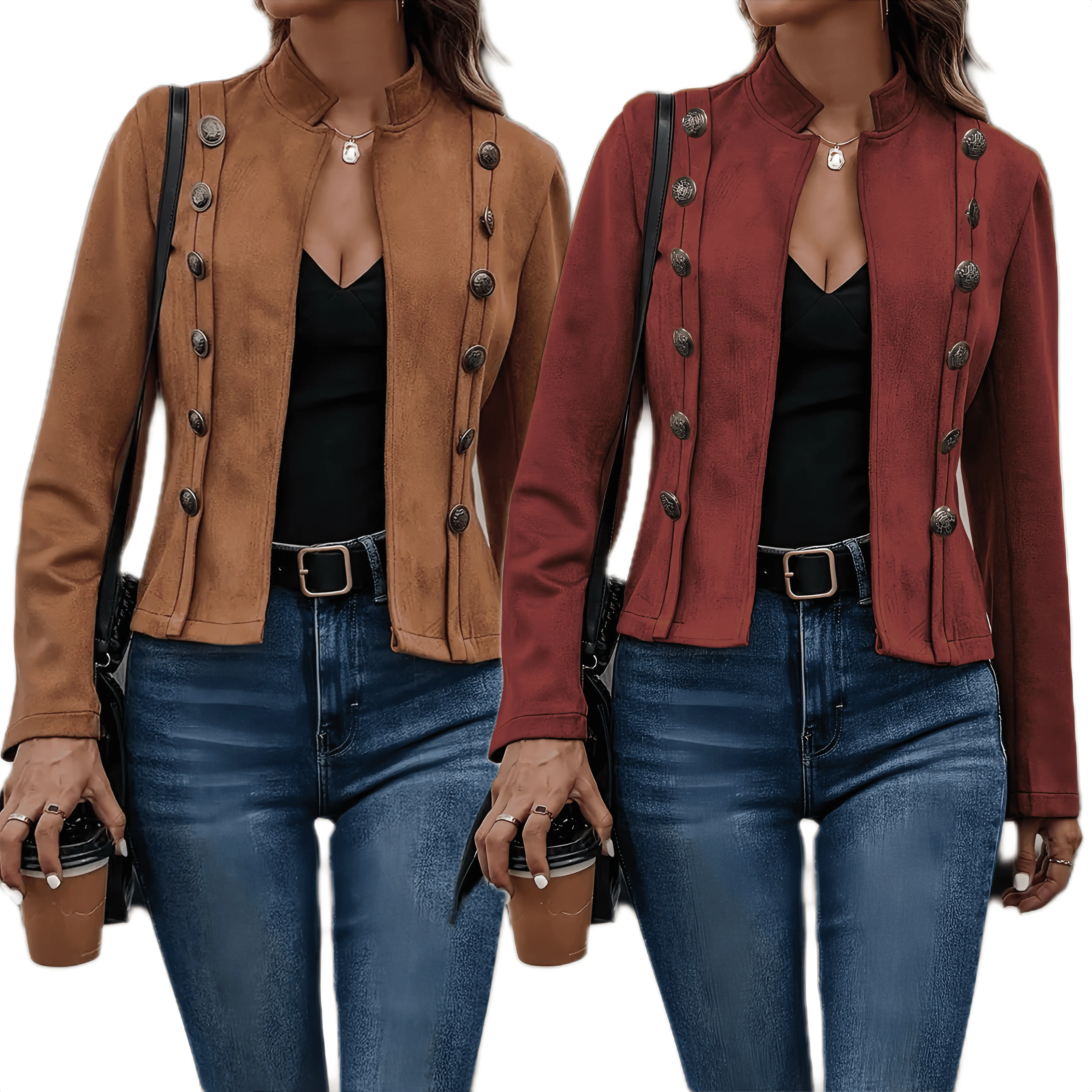 Women's Faux Suede Fabric Jacket, a Slim Fit Vintage Top with Decorative Buttons for Layering Office and Street Style Outfits, Tops, Coats, Smooth, Everyday, Sleeve, Fashion Apparel, Skirts, Aesthetic, Chic, Elegant, Casual Wear, Soft, Fitted, Piece