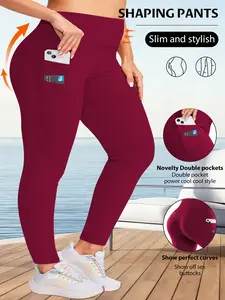 Plus Size Women High Waist Solid Color Tight Pants, Side Pockets, Casual Yoga Pants, Outdoor Activities, Gym Workout Wear