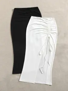 Elegant High-Waisted Knitted Polyester Dress, Solid Plain Design, Slight Stretch, Long Sleeveless Summer Dress, Side Slit with Drawstring