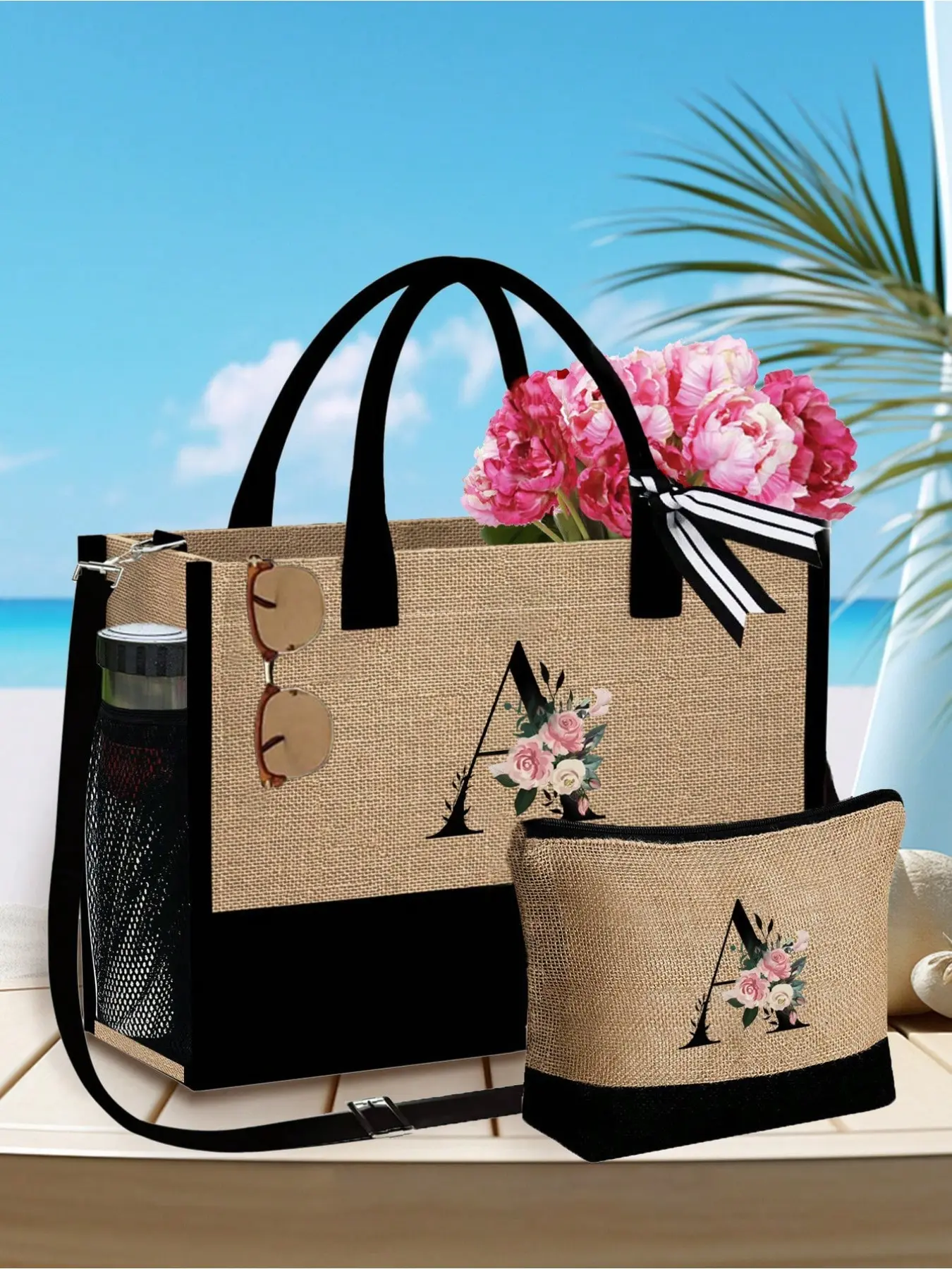 Floral letter initial jute and canvas Monogram tote bag, Fashionable patterned bag, comes with a free makeup pouch. Versatile as a handbag, gift bag, lightweight and roomy for travel essentials. An ideal holiday gift for women