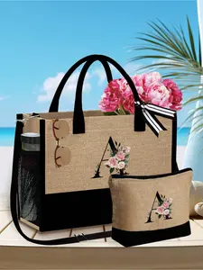 Floral letter initial jute and canvas tote bag comes with a free makeup pouch. Versatile as a handbag, gift bag and scarf storage bag, lightweight and roomy for travel essentials. An ideal holiday and Christmas gift for women.