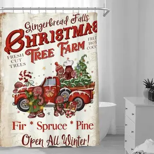 Gingerbread Man & Truck & Tree & Letter Pattern Shower Curtain, 1 Count Waterproof Bathroom Curtain with Hooks, Christmas Bathroom Accessories for Home Decor