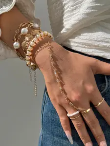 9-Piece Boho Jewelry Set, Shell Rhinestone Pearl Finger Cuffs, Bracelets, Rings, Women's Daily Party Beach Travel Gift