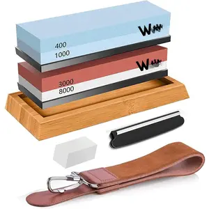 Sharpening Stone Kit - 400/1000 3000/8000 Grit  Whetstone Sharpener set with Non-slip Rubber Base Angle Guide Flattening stone and Leather Strop