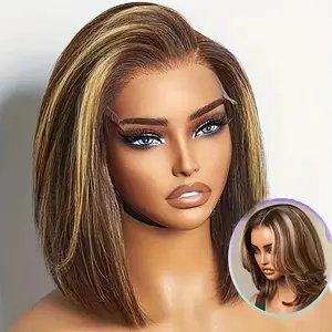 Ready-to-Go Glueless Ombre Blonde Highlight Brazilian Human Hair Wig - 250% Density Short Bob with 13x6 HD Lace Front, Pre-Plucked & Bleached 3s Install, Natural Brown to Blonde Gradient, No Maintenance Daily Wear Wig for Women