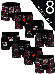 Men's Heart Pattern Short Briefs, Breathable Comfort High Elasticity Sport Shorts, Stretchy Boxer Briefs, Casual Underwear, Cycling Undies, Breathable Undergarments, Heart Print Boxers, 8 Pieces Set