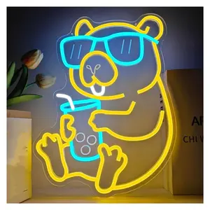Sign Illuminated Capybara Bubble Tea Neon Sign Wall Light For Bar Cafe Bedroom Animal Theme Decor 42x30cm