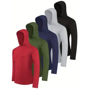 5 Pack Men's Lightweight Longsleeves Hoodie, Athletic Apparel Performance Rash Guards, Sporty Sports Tops for Fishing, Running, Gym Workouts