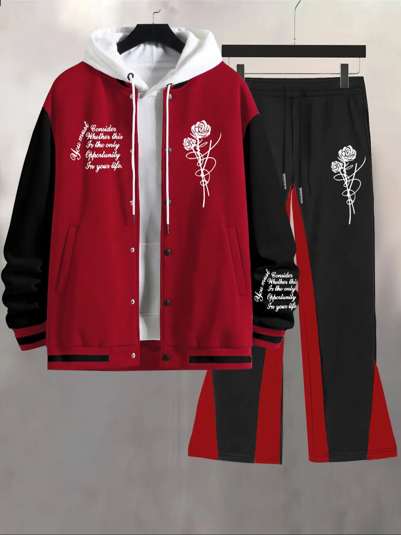 Men's Fall Winter Casual Baseball Pants Set, 2-Piece Letter Flower Print Top Jacket + Colorblock Drawstring Outdoor Sport Long Pants Streetwear Tracksuit