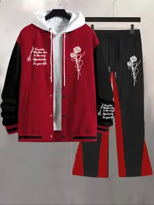Men's Fall Winter Casual Baseball Pants Set, 2-Piece Letter Flower Print Top Jacket + Colorblock Drawstring Outdoor Sport Long Pants Streetwear Tracksuit