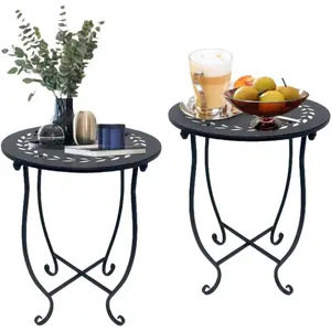 Metal Round Side Table, 2 Pack 14 Inch Bedside Table for Living Room, Weather Resistant Black Metal Outdoor Side Table for Patio Balcony Yard Porch Garden, Plant Stand for Indoor Outdoor Use