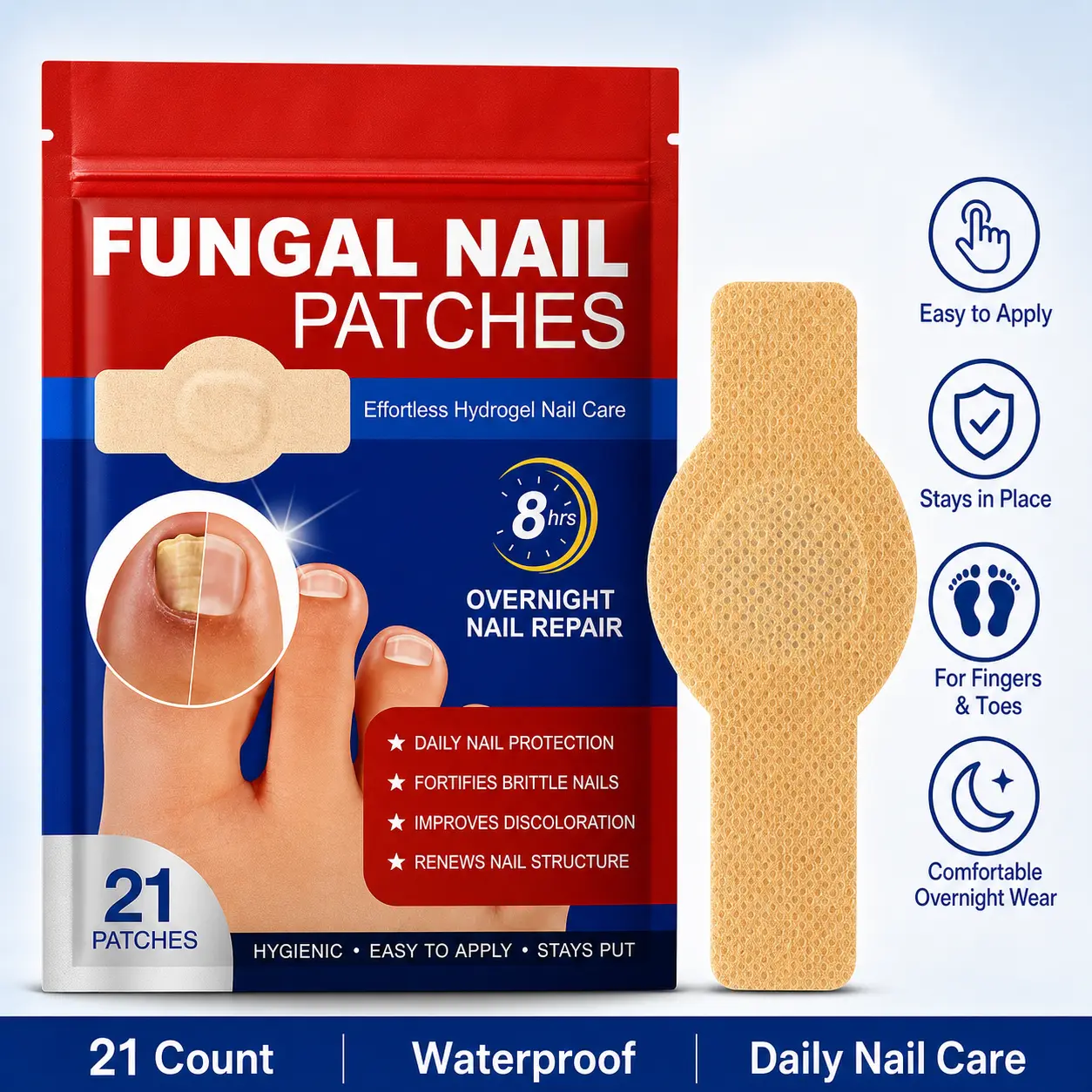Nail Care Patches 21 Count, Overnight Nail Protector Stickers for Weak-Looking, Cracked-Looking or Discolored-Looking Nails, Finger and Toe Use