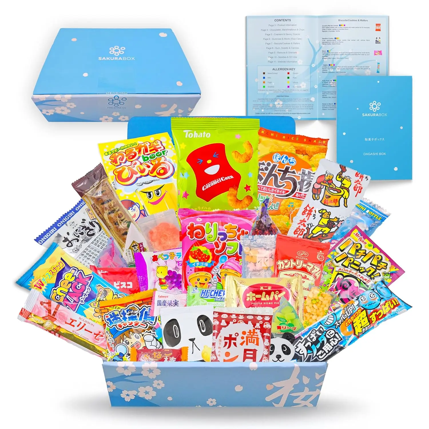 SANDAISOU Japanese Snacks & Candy Dagashi with English Pamphlet 30 Pieces Custom Gift Set Box Featuring Takato & HICHEI Brands