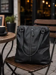 Black Cowhide Leather Backpack Tote Bag  Convertible Shoulder Bag Vintage Distressed Full Grain Leather