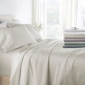 300 Thread Count 100% Cotton 4 Piece Solid Sheet Set Sateen Weave - Becky Cameron, Ivory, Queen