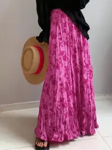 Women's Elastic High Waist Ditsy Floral Crinkle Maxi Skirt Smocked Pleated Flowy Long Skirts Hot Pink Boho Beach Vacation Summer Resort Wear Maternity Friendly Lightweight Cover Up Dopamine Dressing Spring