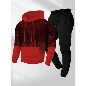 Men's casual sports suit, with breathable knitted fabric, regular fit, with long-sleeved hoodies and sweatpants, printed patterns, suitable for everyday wear, suitable for autumn, winter and spring - Medium elastic hooded pullover