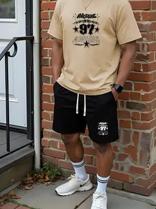 Two-Piece Set Men's Regular Fit Graphic Crewneck Tee & Shorts Set, Casual Short Sleeve T-shirt & Shorts, Men's Two-piece for Daily Wear
