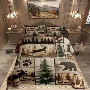 Western Rustic Bear Deer Comforter Set Toddler ,Country Farmhouse Duvet Insert,Rustic Cabin Bedding Set,Elk Forest Animal Wildlife Hunting Patchwork Lodge Quilt,