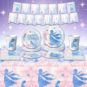 Snow Girl Theme Disposable Cutlery Set 51pcs, Includes 10 Dinner Plates, 10 Dessert Plates, 10 Cups, 20 Napkins, Tablecloth, Perfect for Camping, Picnics, Bbqs, Weddings, Birthdays