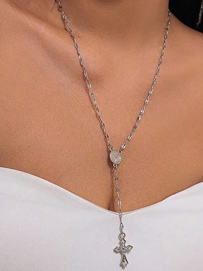 Unisex Elegant Stainless Steel Silver Cross Necklace - 20-24in Rhodium Plated Chain & Link Rosary, 4.5g Zinc Alloy, 2 Pendants (Jesus & Mary), Casual Spiritual Costume Jewelry for Daily Wear & Special Occasions, Spiritual Jewelry, Silver Cross Necklaces,,