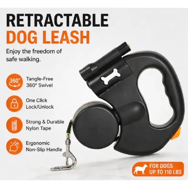 2026 Upgraded Auto-Retract Dual Head Dog Leash - 360° Swivel Tangle-Free Leads, Reflective Strap, Anti-Rust Hook, Built-in Poop Bag Dispenser, Ergonomic Instant Brake Lock for Small to Large Dogs (Black)