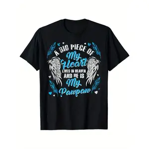 100% Cotton Single Side Printed Crew Neck Short Sleeve T-Shirt, My Pawpaw Lives In Heaven Memorial Blue Angel Pattern, Suitable for Family Gatherings, S - XXXL, Black angel shott blue shirt original Y2K Streetwear Graphic Tee  Funny Freak Cat Meme T-Shirt