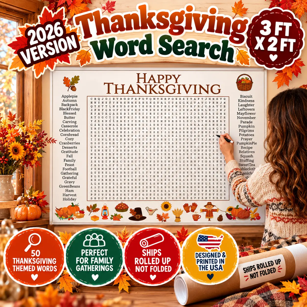 2026 Thanksgiving Word Search Poster Jumbo 36x24 Wall Game-Rolled, Shipped in Tube