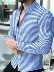 Men's Long Sleeve Striped Button Front Collared Novelty Pattern Shirt