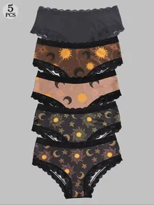 Morvia Women's Skull & Eyeballs & Bats & Ghosts & Spiders Print Contrast Lace Panty, Casual Comfy Breathable Knicker for Daily Wear, Ladies Underwear for All Seasons, Lace Trim Panty