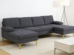 Deep Grey Fluffy Fabric U-shaped 3-Piece Living Room Sofa set