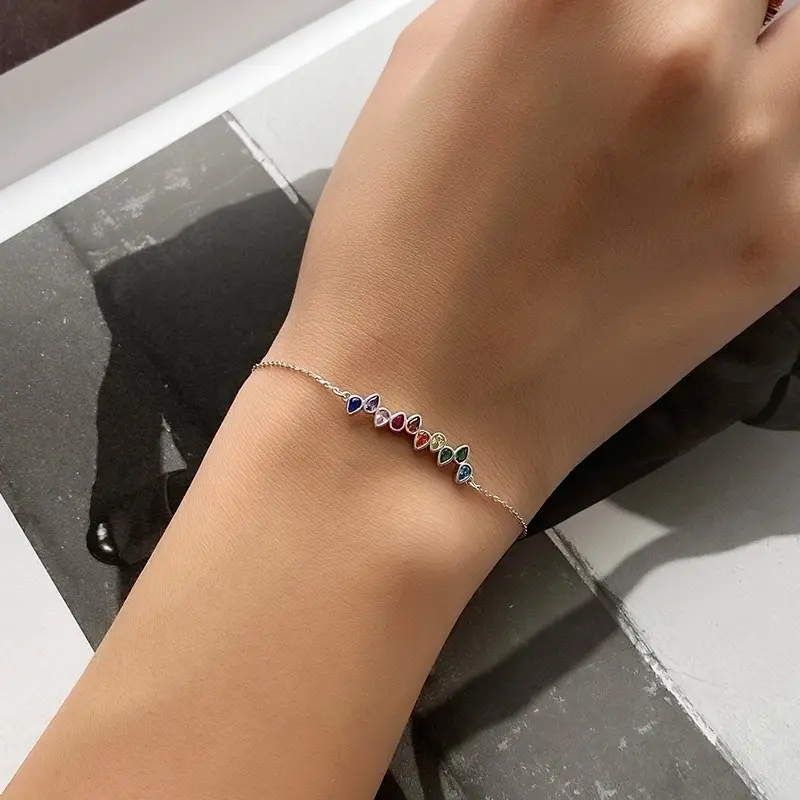 Delicate 925 Sliver Multi Color Sapphire Bracelet For Women, Pear Shape Gemstone Bracelet For Daily Wear, Mother's Day Gift