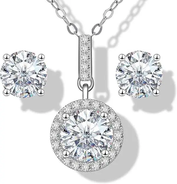 【VIP 1 F】QUEENOU Synthetic Moissanite Necklace Earrings Set for Women, 1CT*2+1CT 925 Sterling Silver with 18K White Gold Plated Hypoallergenic Flat Screw Back Birthday Gifts for Women Girlfriend Wife Engagement Jewelry