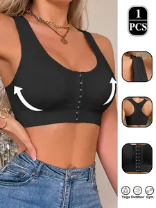 🔥 Women's Front Buckle Back Support Wirefree Sports Bra, Breathable Skin Friendly Wireless High Support Design, Wide Strap Easy On Off Push Up Anti Sagging Athletic Vest For Yoga Gym Running Daily Training