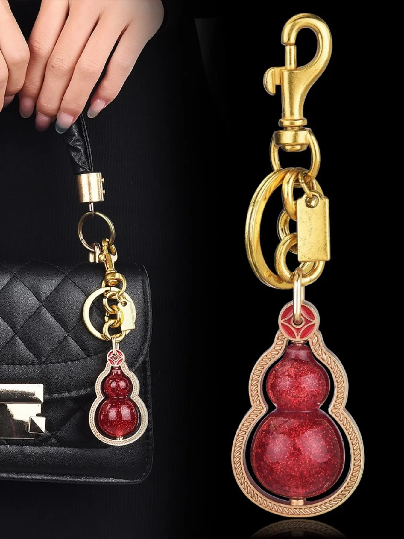 Chinese Style Luxury Luck Gourd Bag Charm, Glitter Resin Pendant + Antique Gold Keychain, Lobster Clasp, Perfect Gift for Graduation, New Year, Birthday