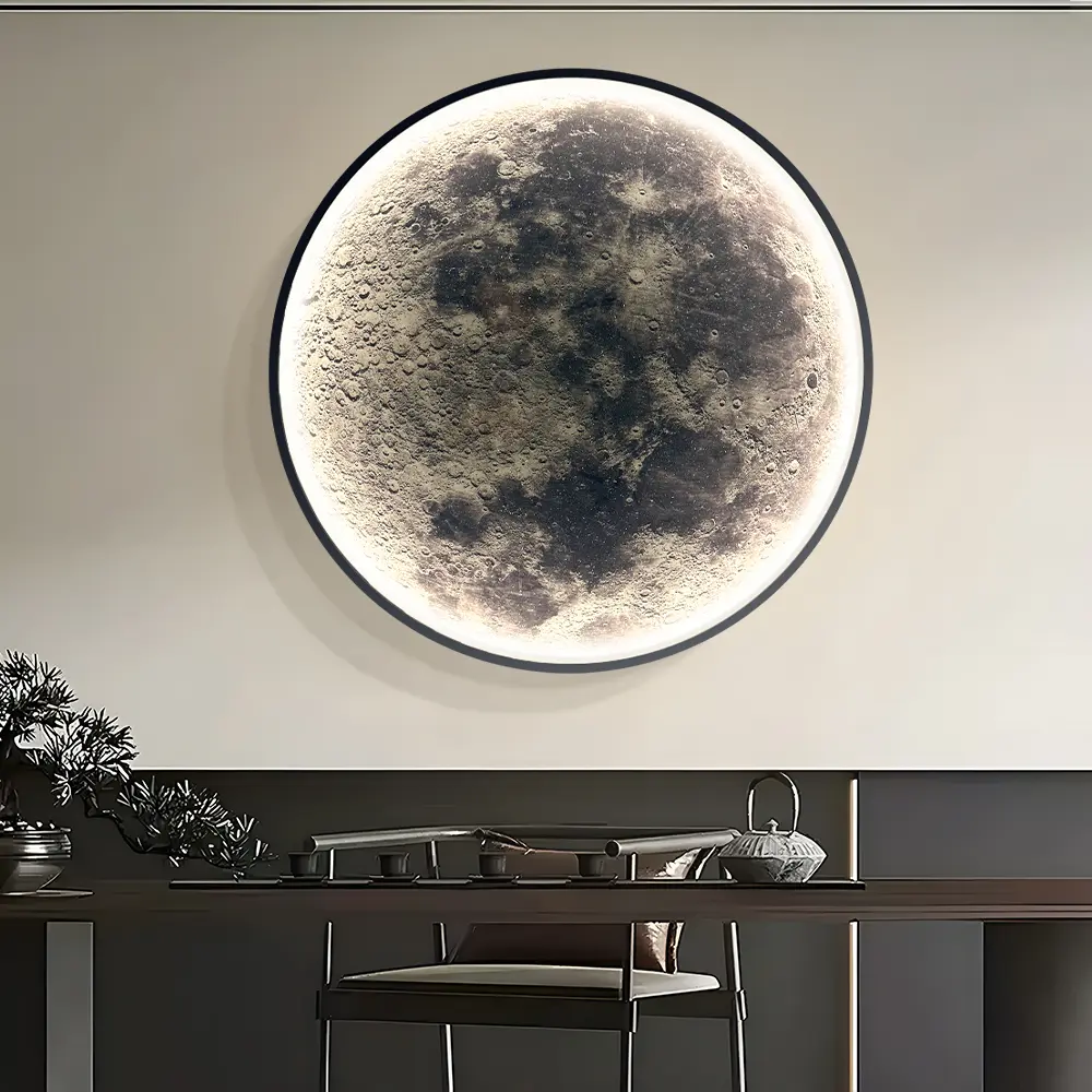 LED Modern Moon Wall Lamp, Black Large Decorative Light, Semi-Recessed Home Decoration Light with Remote Control, Dimmable, Suitable for Living Room, Bedroom, Hallway, Bar, Cafe