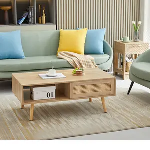 Boho Chic Rattan Coffee Table with Sliding Door Storage Solid Wood Legs Natural Decor Easy Clean Surface for Modern Living Room
