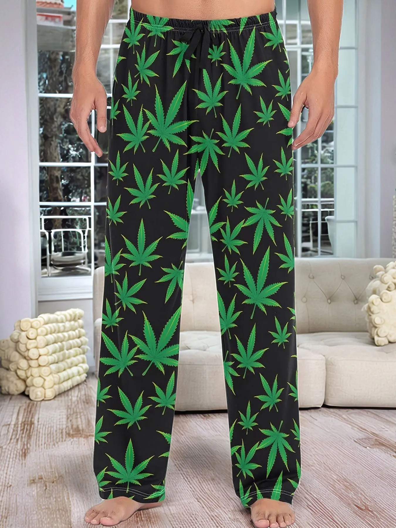 Men's Leaf Print Pajama Pants, Fitted Casual Stylish Homewear Long Sleepwear Bottoms, Faux Drawstring Design, All-Season Comfortable Aesthetic Loungewear Pjs