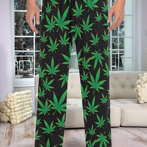 Men's Leaf Print Pajama Pants, Fitted Casual Stylish Comfy Homewear Long Sleepwear Bottoms, Faux Drawstring Design, All-Season Comfortable Aesthetic Loungewear Pjs, Menswear