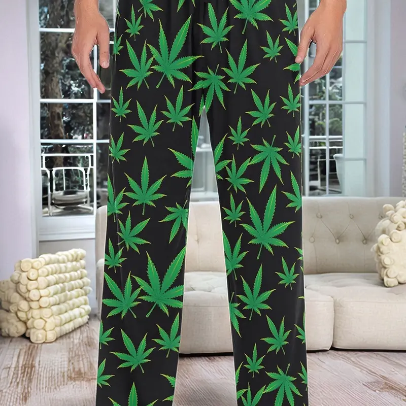 Men's Leaf Print Pajama Pants, Fitted Casual Stylish Comfy Homewear Long Sleepwear Bottoms, Faux Drawstring Design, All-Season Comfortable Aesthetic Loungewear Pjs, Menswear