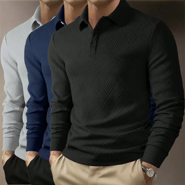 Men’s 3-Pack Premium Textured Long Sleeve Polo Shirts, Soft Stretch Fabric, Slim Tailored Fit, Ideal for Business Attire, Casual Everyday Wear & Fall/Winter Outfits fathersdaygift Jacquard Golf