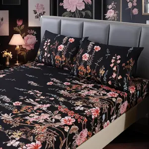 MAG 3pcs Black Floral Queen Bed Sheet,Microfiber Flower Bedding Sheet Set,Boho Bedding Sheet Set with 1 Fitted Sheet and 2 Pillowcases,14 Inches Deep (Black, Queen)