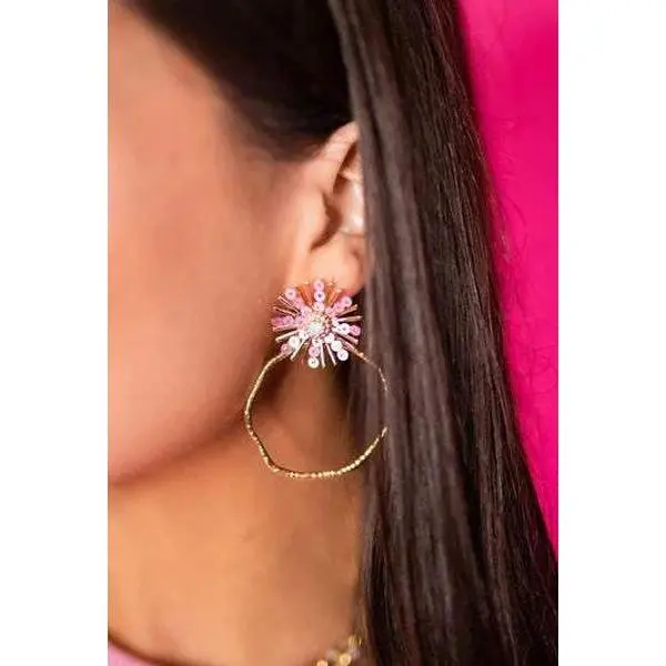 Pink Sequin Sunburst Hoop Earrings