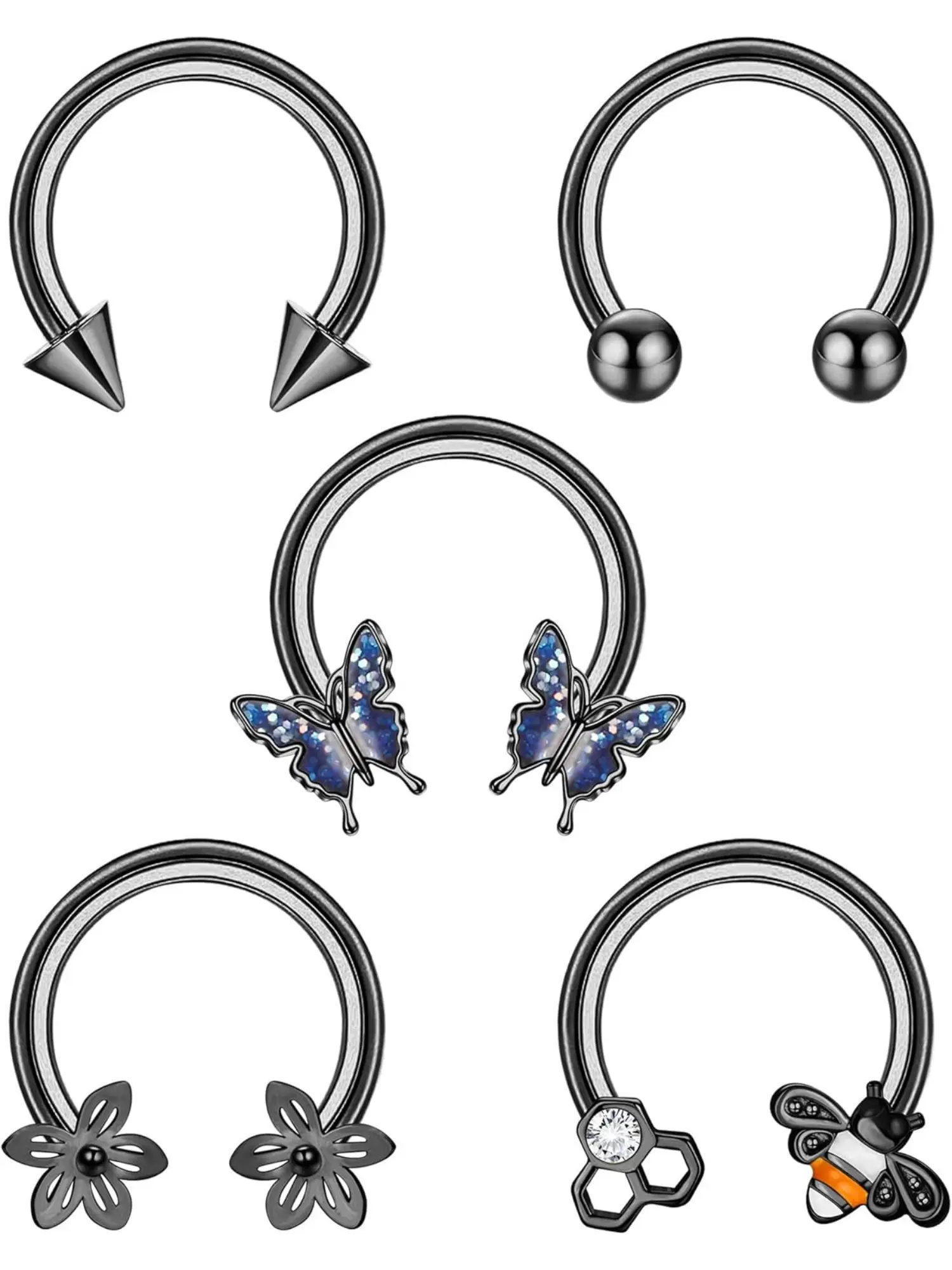 5Pcs 16G Surgical Steel Body Piercing Jewelry Septum Piercing Jewelry Nose Piercing Jewelry Septum Rings Bee Flower Butterfly Cartilage Helix Tragus Daith Earring Hoop Lip Horseshoe Piercing for Women Men 8mm 10mm Septum Clicker Ring